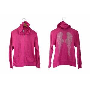 Y2K Pink Thermal Burnout Zip Hoodie Rhinestone Angel Wings Fairycore Size M